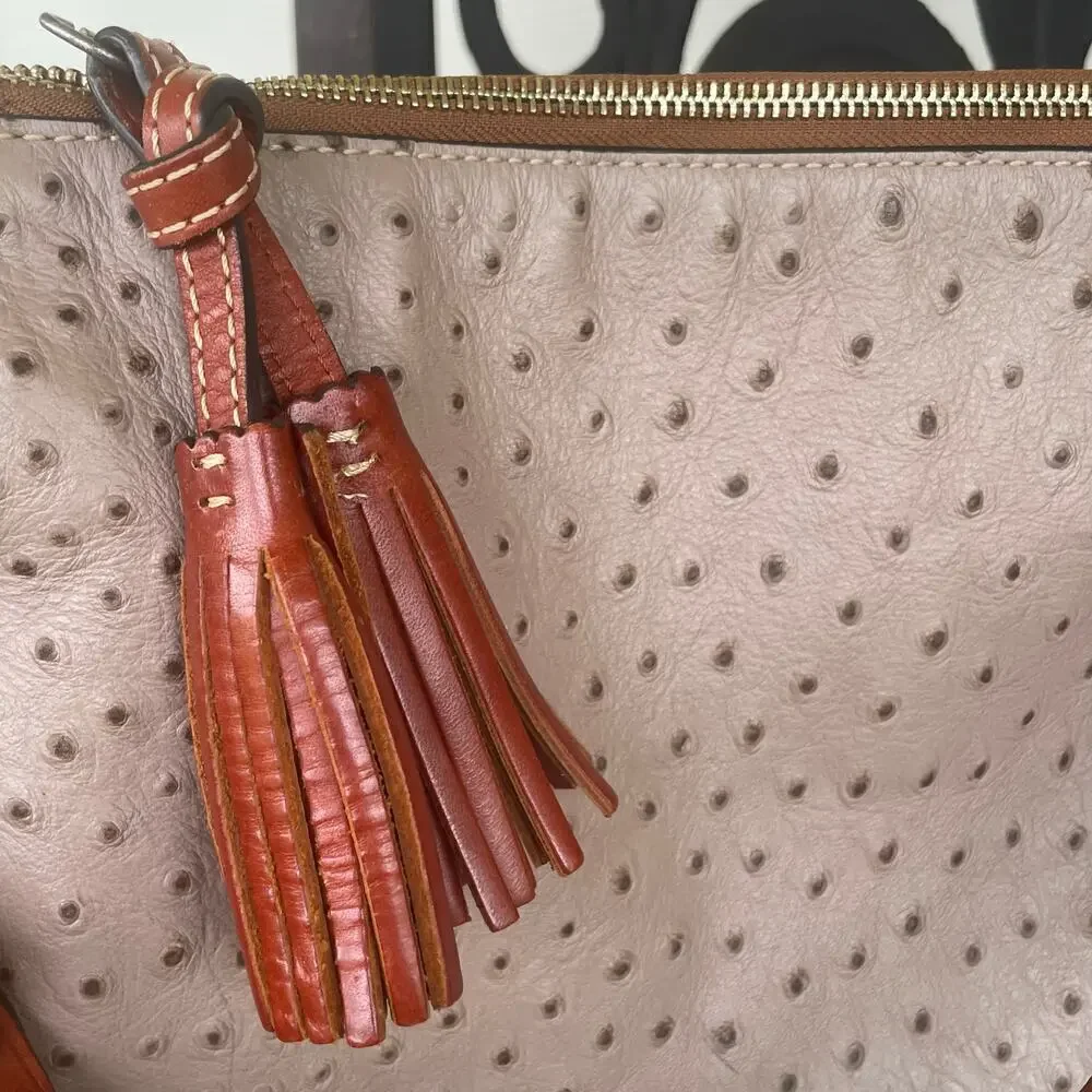 Dooney & Bourke Twist Strap Ostrich Hobo Shoulder Bag Red Interior Tassel Taupe